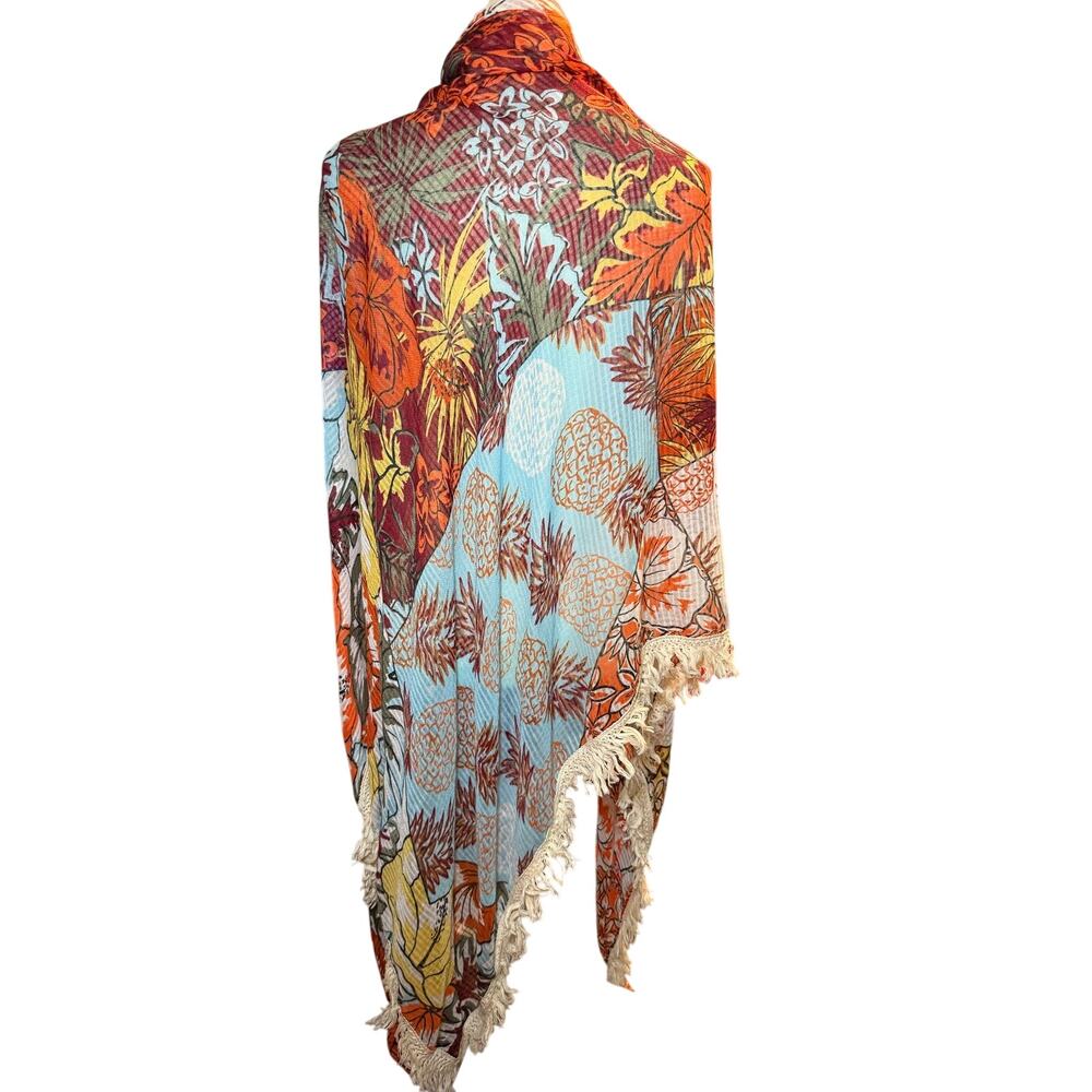 Steve Madden Tropical Pineapple Print Fringe Ruana Wrap Scarf Boho Cover Up